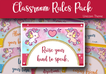 Preview of Classroom Rules Pack Flash cards - Unicorn theme