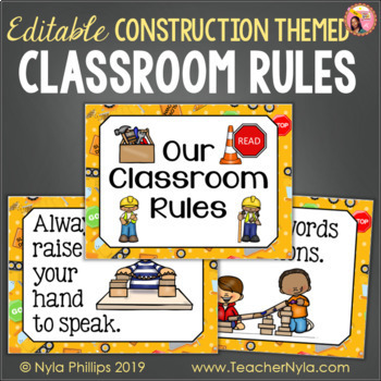 Preview of Construction Theme Classroom Rules - Editable Posters