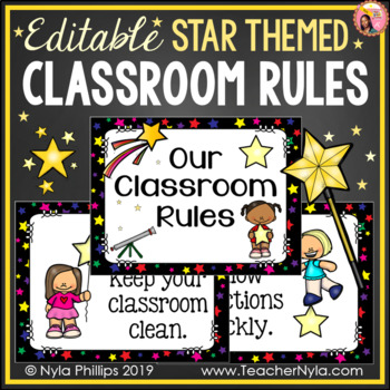 Preview of Star Theme Classroom Rules Posters - Editable