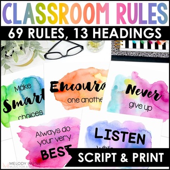 Preview of Rainbow Watercolor Classroom Rules Posters - Script & Print Fonts Class Decor