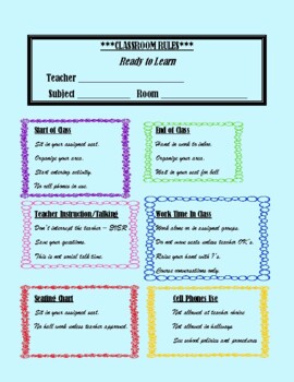 Preview of Classroom Rules with Quiz Back to School Middle and High School Editable