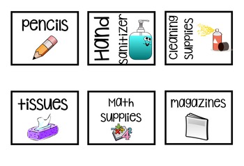 Preview of EDITABLE Classroom Supply Labels Black and White with Clipart!