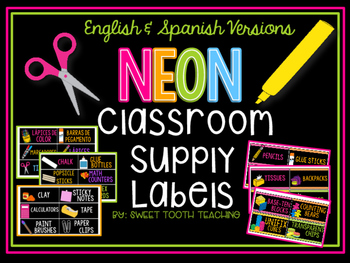 Preview of Classroom Supply Labels- Black & Neon (English & Spanish)