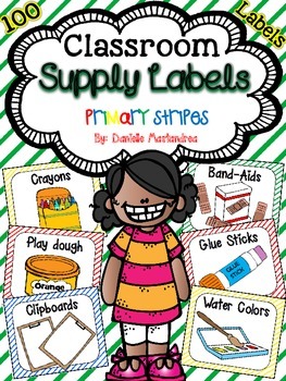Preview of Classroom Supply Labels | Primary Stripes Theme