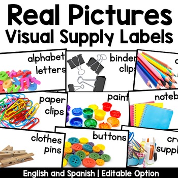 Preview of Classroom Supply Labels Real Pictures | Nonfiction | Spanish and English