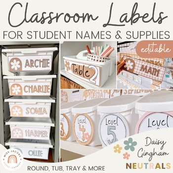 Preview of Classroom Supply Labels & Student Name Tags BUNDLE | Daisy Gingham Neutrals
