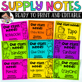Classroom Supply Notes | Editable | Spanish Versions Included