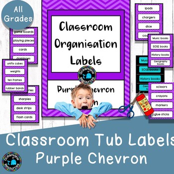 Preview of Classroom Tub Labels - Purple Chevron Design