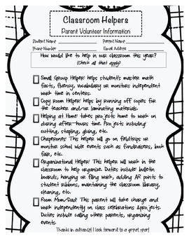 Preview of Classroom Volunteer Form for Parents