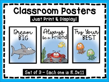 Classroom Wall Posters - Ocean Art Prints - Shark Sign - Fish Wall Decor -  Sea