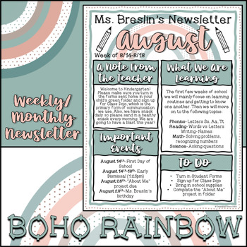 Preview of Classroom Weekly/ Monthly Newsletter- Boho Rainbow