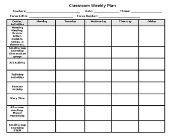 Preview of Classroom Weekly Plan Form (Editable)