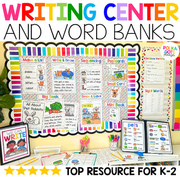 Preview of YEAR LONG Writing Center for Kindergarten & First Grade with Word Banks & Cards