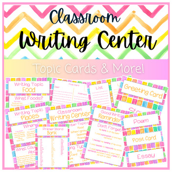 Preview of Classroom Writing Center with Topic Cards, Word Bank, Signs, Blank Samples