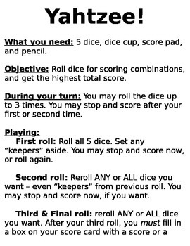 game rule sheet yahtzee
