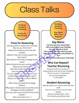 Preview of Math Talks Teacher Question Stems Probe Student Thinking 2 Pages  Ready to Use