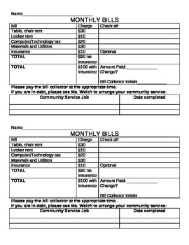 Preview of Classroom mini-economy monthly bills