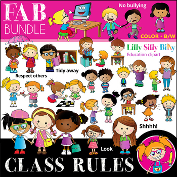Preview of Classroom rules FAB BUNDLE - B/W & Color clipart {Lilly Silly Billy}