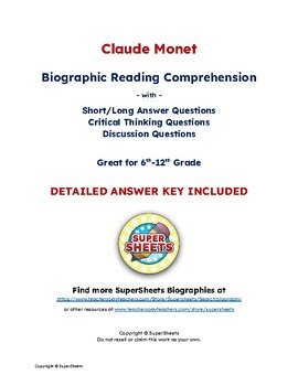 Preview of Claude Monet Biography: Reading Comprehension & Questions w/ Answer Key