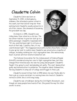Preview of Claudette Colvin Reading Passage and Comprehension Questions