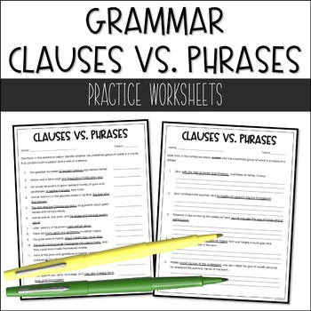 Preview of Clauses vs Phrases Worksheets | Middle School Grammar