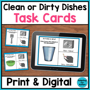 Preview of Life Skills Task Cards - Clean or Dirty Dishes (Print & Digital Boom Cards)