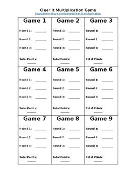 Preview of Clear It Multiplication Game Template