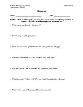 Preview of Cleopatra Article (Reading Level 2) Comprehension Worksheet