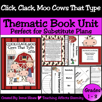 Preview of Click, Clack, Moo Cows That Type Thematic Unit: 1st, 2nd, 3rd Substitute Plans