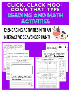 Preview of Click Clack Moo Cows that Type Reading and Math Activities