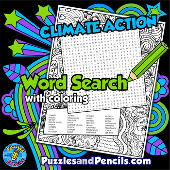 Preview of Climate Action Word Search Puzzle with Coloring | Earth Day Wordsearch