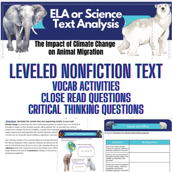 Preview of Climate Change Animal Migration Nonfiction, Vocab, Analysis for Science or ELA