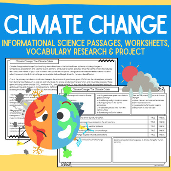 Preview of Climate Change Packet: Informational Passages, Worksheets, Vocabulary,  Research