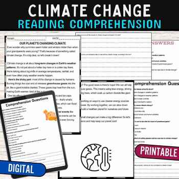 Preview of Climate Change Reading Comprehension Passage,Digital & Print
