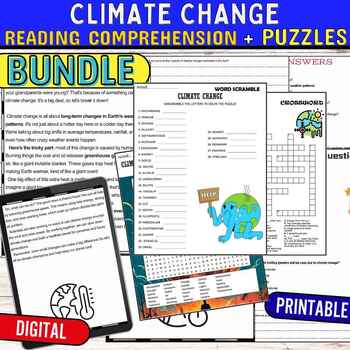 Preview of Climate Change Reading Comprehension Puzzles,Digital & Print BUNDLE