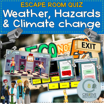 Preview of Climate Change, Water and Hazards Escape Quiz - Like boom cards