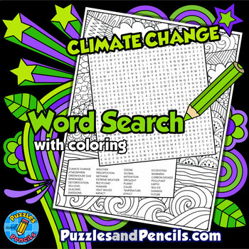 Preview of Climate Change Word Search Puzzle Activity with Coloring | Environmental Issues