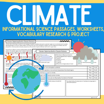 Preview of Climate Packet:  Informational Passages, Worksheets, Vocabulary, & Research