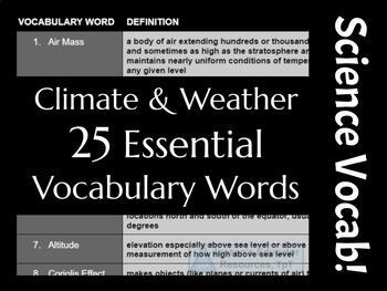 Preview of Climate & Weather Unit Science Vocabulary (25 words) (CCSS & NGSS)