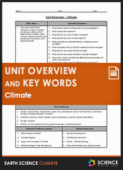 Preview of Climate and Climate Change Earth Science Unit Overview & Vocabulary Key Words