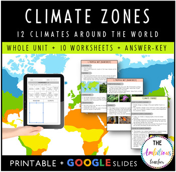 Preview of Climate and Climate Zones Unit with Worksheets | Types, Weather, Climate Change