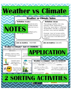 Preview of Climate vs Weather Notes, Application and Sorting Activity; Differentiated