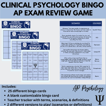 Preview of Clinical Psychology Disorders Bingo Review Game for AP Exam: Psychology Activity