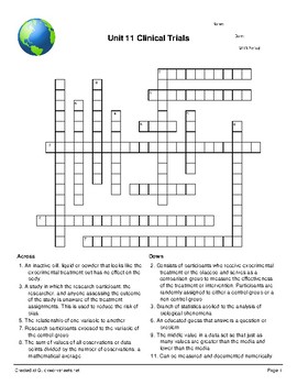 Clinical Trials Ethics Vocabulary Crossword by Pack s Preps TPT