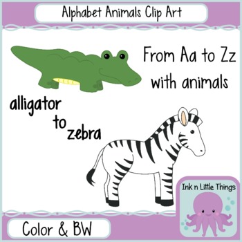 Preview of Clip Art Alphabet Animals A-Z in Color and B&W
