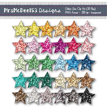 Preview of Clip Art Digital Glitter Stars in Rainbow Colors {30 png files}