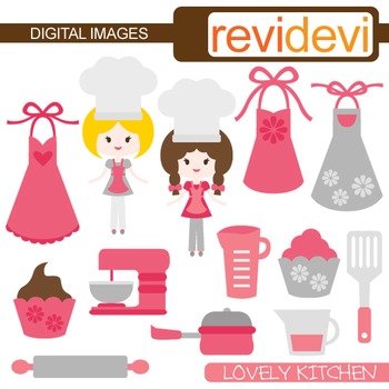 Preview of Clip Art Pink Grey kitchen (girl chef, baking, cooking) cute clipart