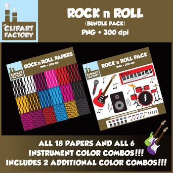 Preview of Clip Art: Rock n Roll Fun Bundle Pack - 18 Digital Papers-8 Color Instruments