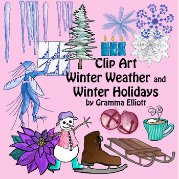 Preview of Winter Clip Art Color & BW jackfrost icicles skate bells tree candles poinsettia