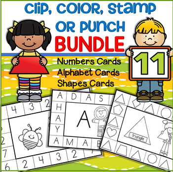 Preview of Numbers Alphabet Upper & Lower Shapes Cards - Clip Color Stamp Punch BUNDLE